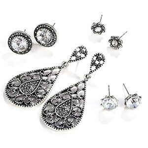 4549 NIP 5 Pair Silvertone Round Rhinestone Drop Dangle Contemporary Earrings